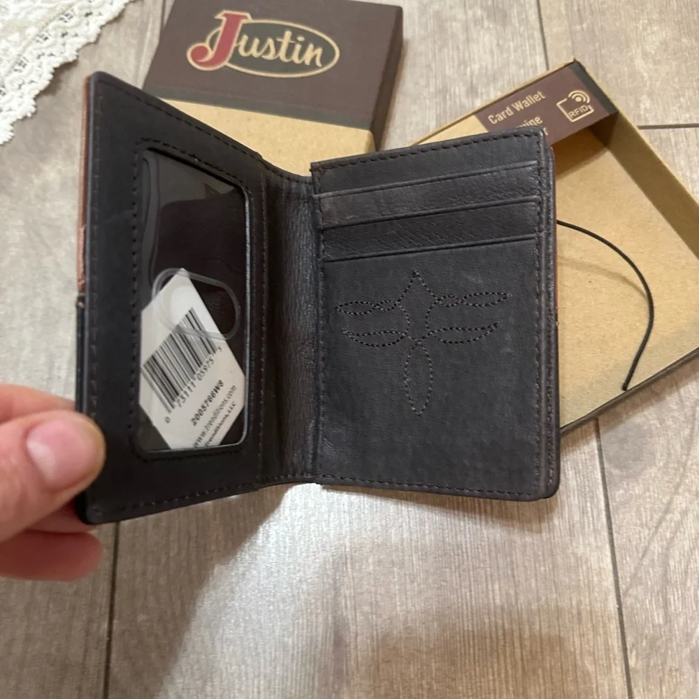 New Justin Boots Mens Leather Wallet Bi Fold Basketweave Card Wallet Brown Black